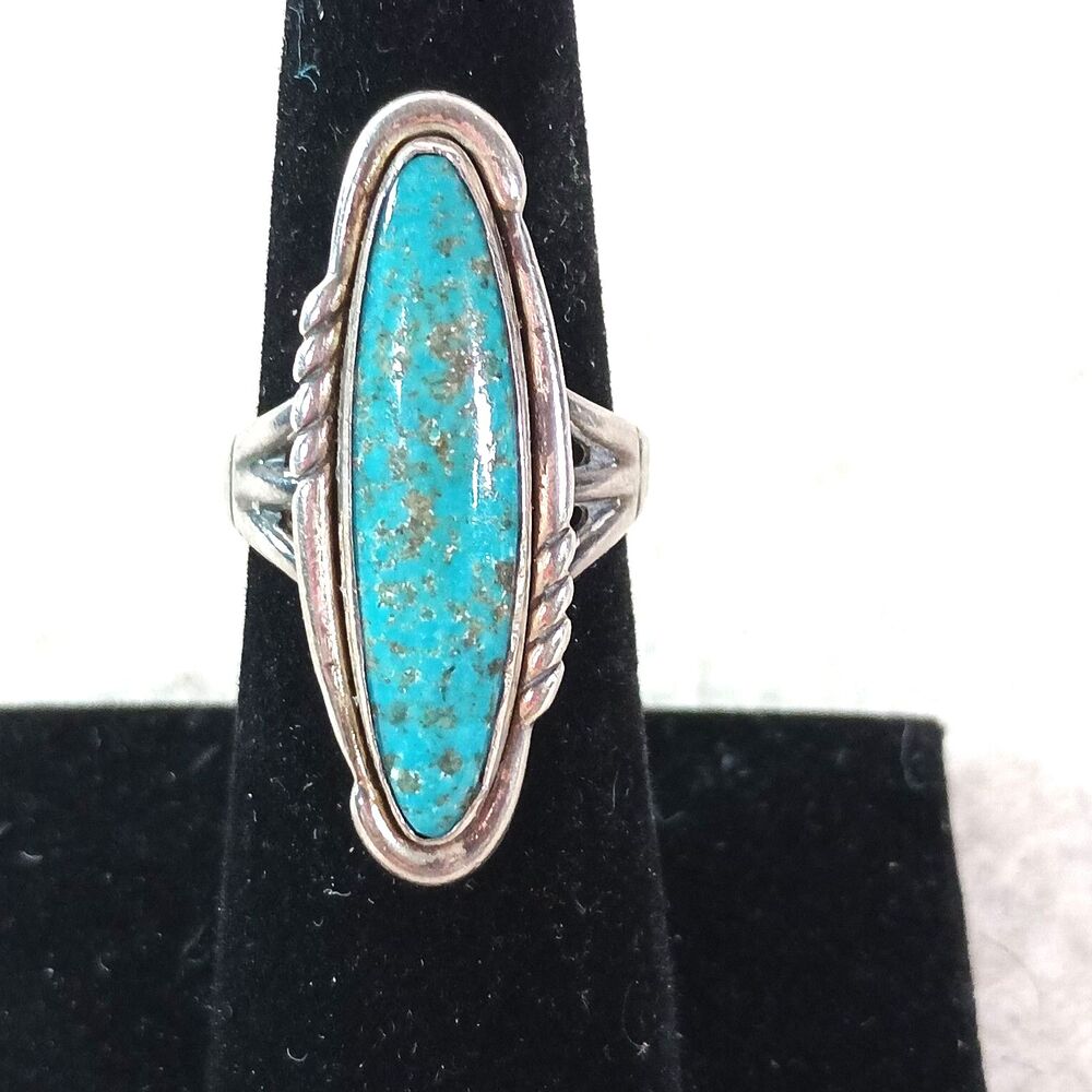 Vintage DG Sterling Silver Turquoise Ring Long Oval Southwestern Statement Sz6